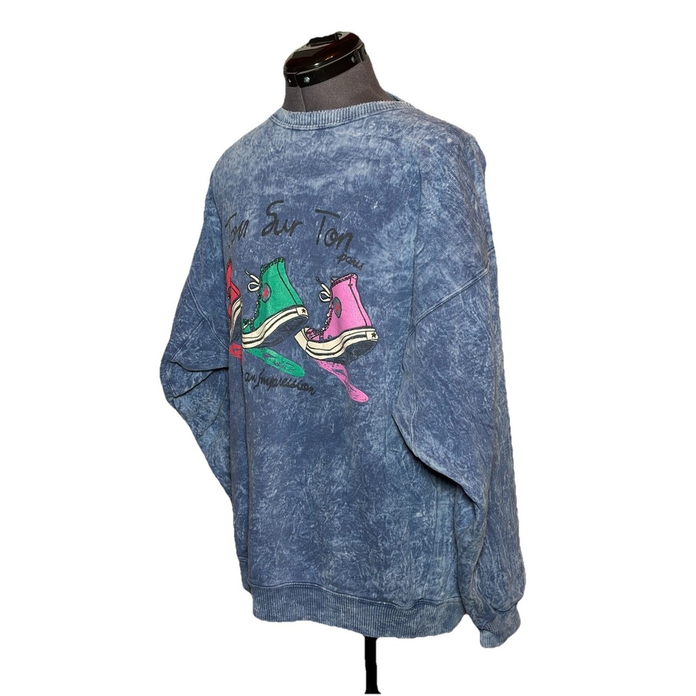 VTG 90s Ton Sur Ton Acid Wash Distressed Graphic Sweatshirt Sneakers L XL C48" - Picture 2 of 11